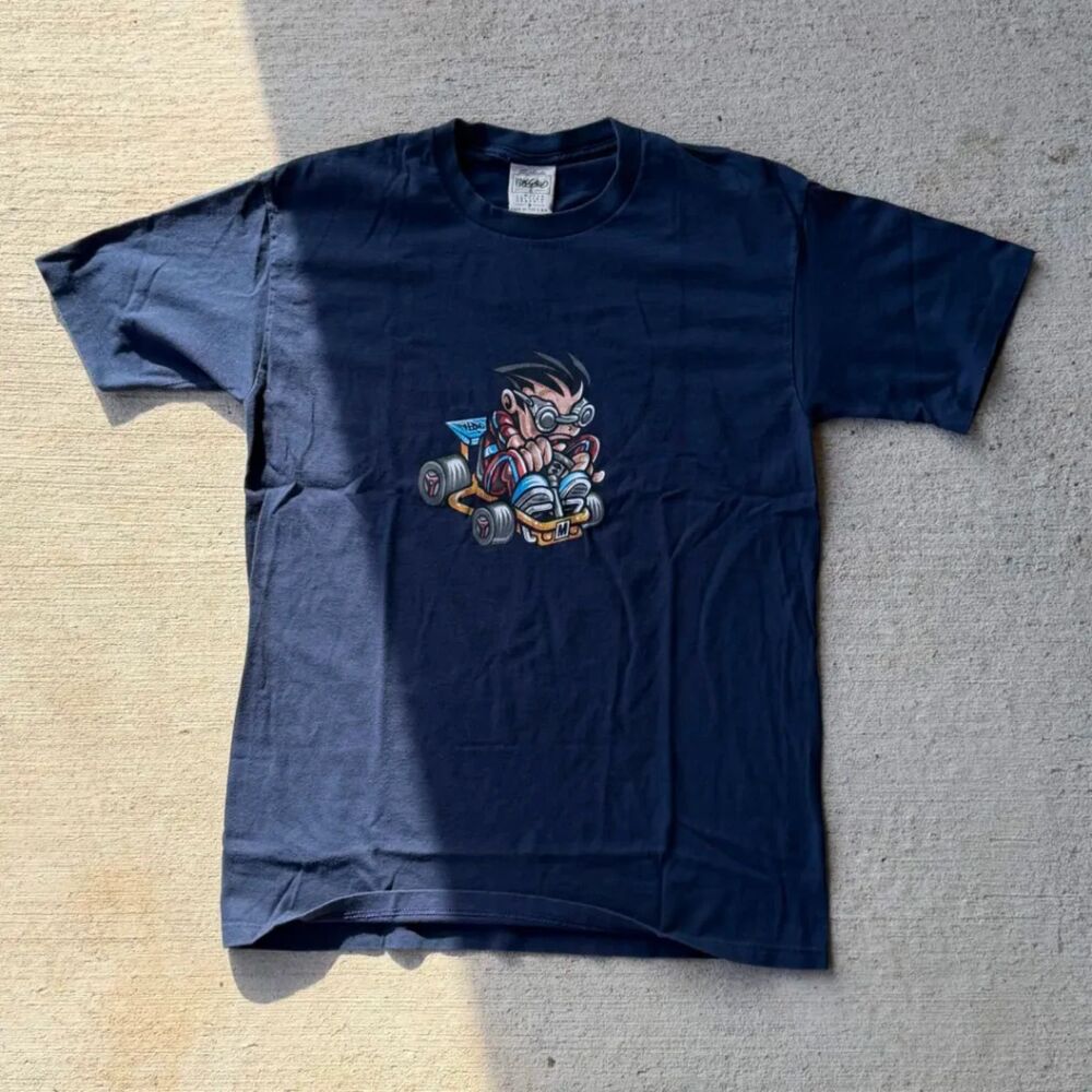 Vtg 90s Mossimo Go Kart Graphic T-Shirt Made in USA Navy Blue Mens Small Single